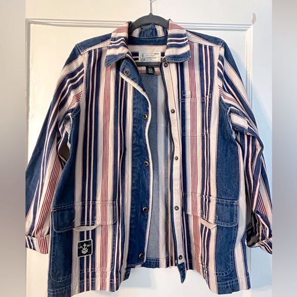 90s Ralph Lauren Naval Striped Color Block Denim Jacket - Size L - Picture 1 of 6